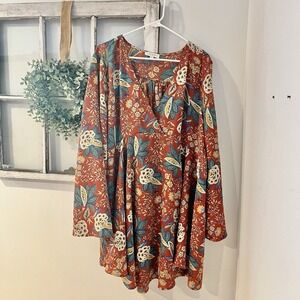 Umgee Plus 1XL Floral Paisley Chiffon‎ Shift Tunic Dress Orange Boho Bell Sleeve